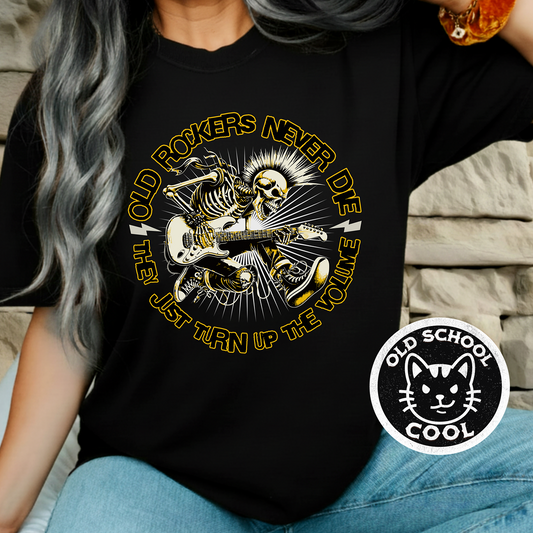 Old Rockers Never Die Skeleton Tee | Front Graphic