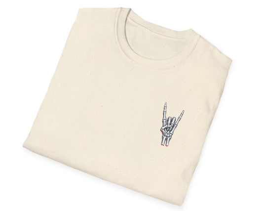 Classic Rock Survivor Skeleton Tee - Back + Pocket-style Design - Gildan Softstyle
