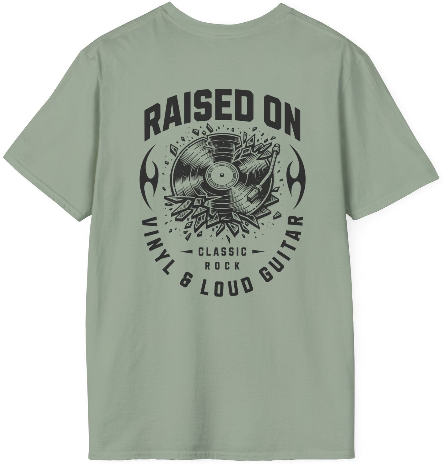 Raised on Vinyl & Loud Guitar Tee - Back & Pocket Design - Gildan Softstyle