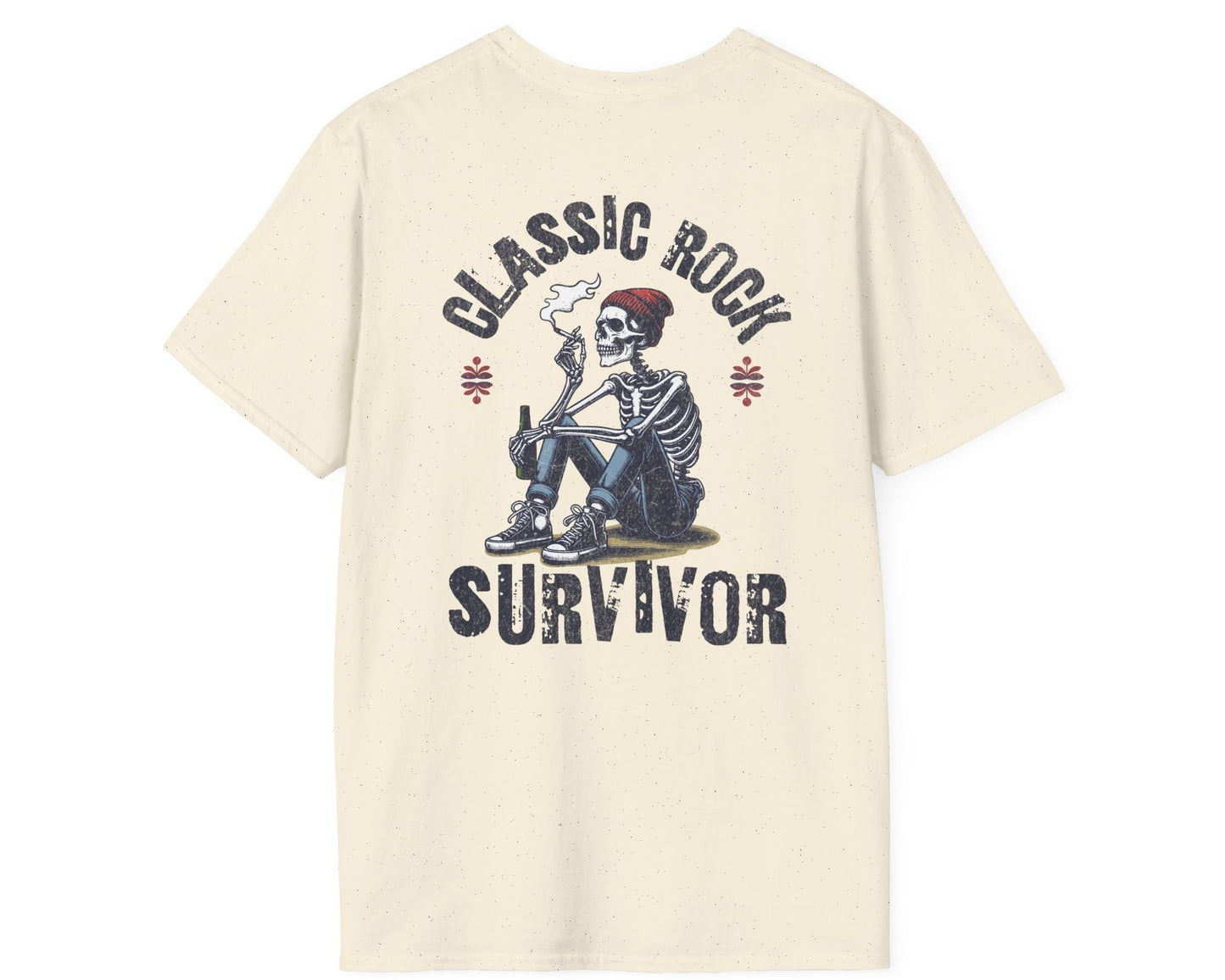 Classic Rock Survivor Skeleton Tee - Back + Pocket-style Design - Gildan Softstyle