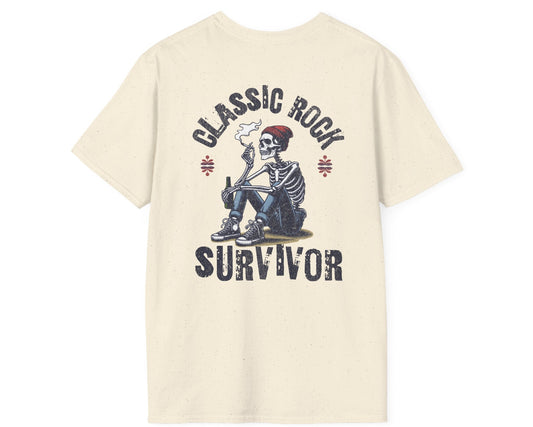 Classic Rock Survivor Skeleton Tee - Back + Pocket-style Design - Gildan Softstyle