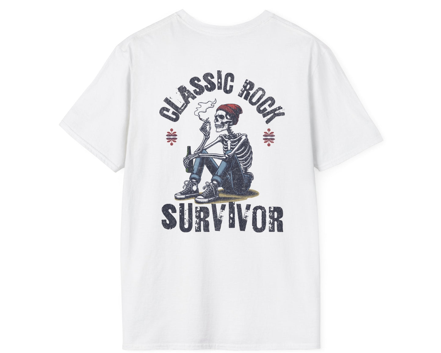 Classic Rock Survivor Skeleton Tee - Back + Pocket-style Design - Gildan Softstyle