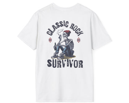 Classic Rock Survivor Skeleton Tee - Back + Pocket-style Design - Gildan Softstyle