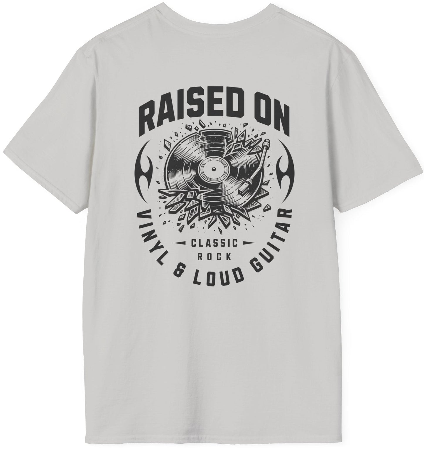 Raised on Vinyl & Loud Guitar Tee - Back & Pocket Design - Gildan Softstyle