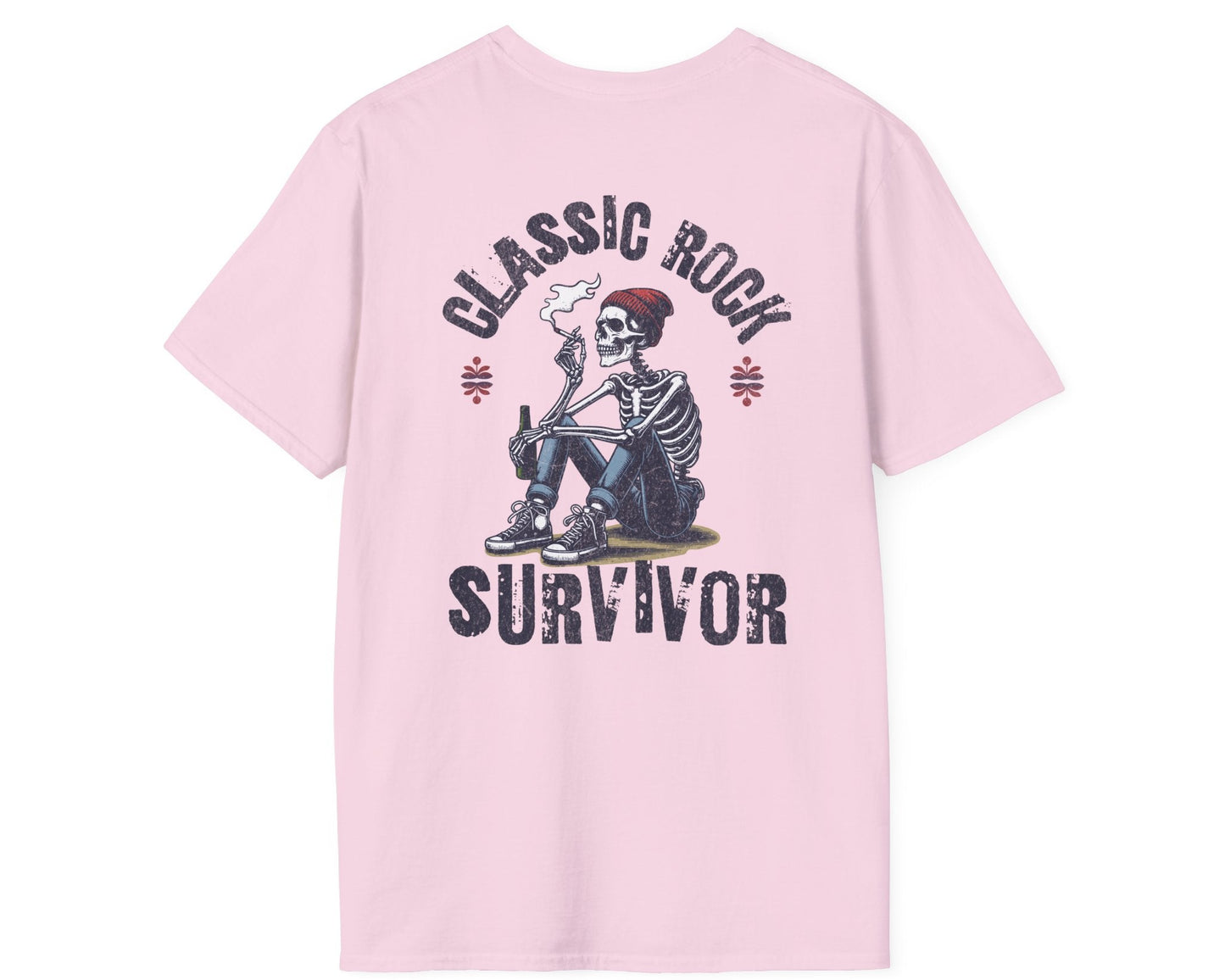 Classic Rock Survivor Skeleton Tee - Back + Pocket-style Design - Gildan Softstyle