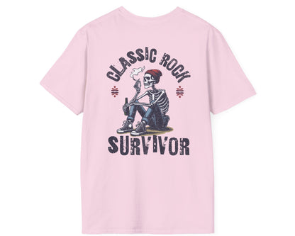 Classic Rock Survivor Skeleton Tee - Back + Pocket-style Design - Gildan Softstyle