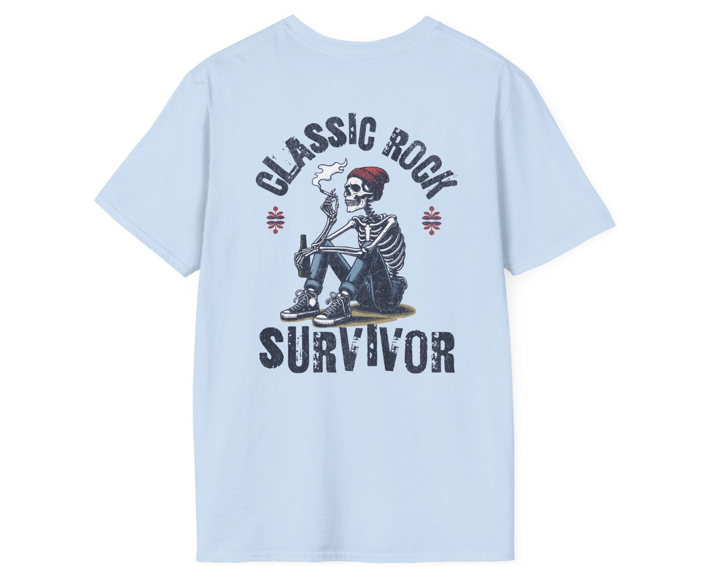 Classic Rock Survivor Skeleton Tee - Back + Pocket-style Design - Gildan Softstyle