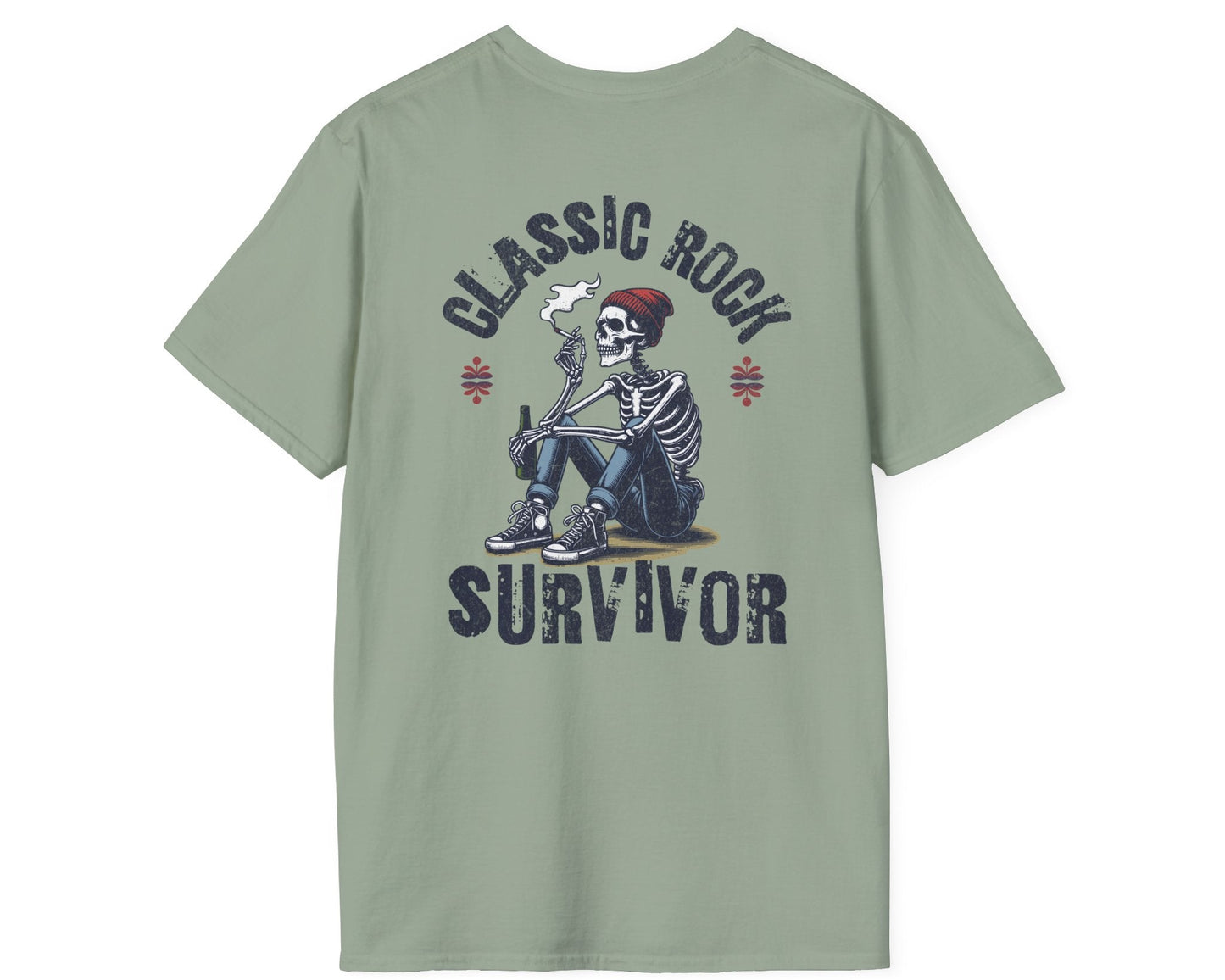 Classic Rock Survivor Skeleton Tee - Back + Pocket-style Design - Gildan Softstyle