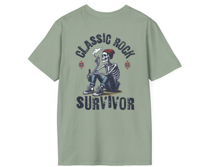 Classic Rock Survivor Skeleton Tee - Back + Pocket-style Design - Gildan Softstyle