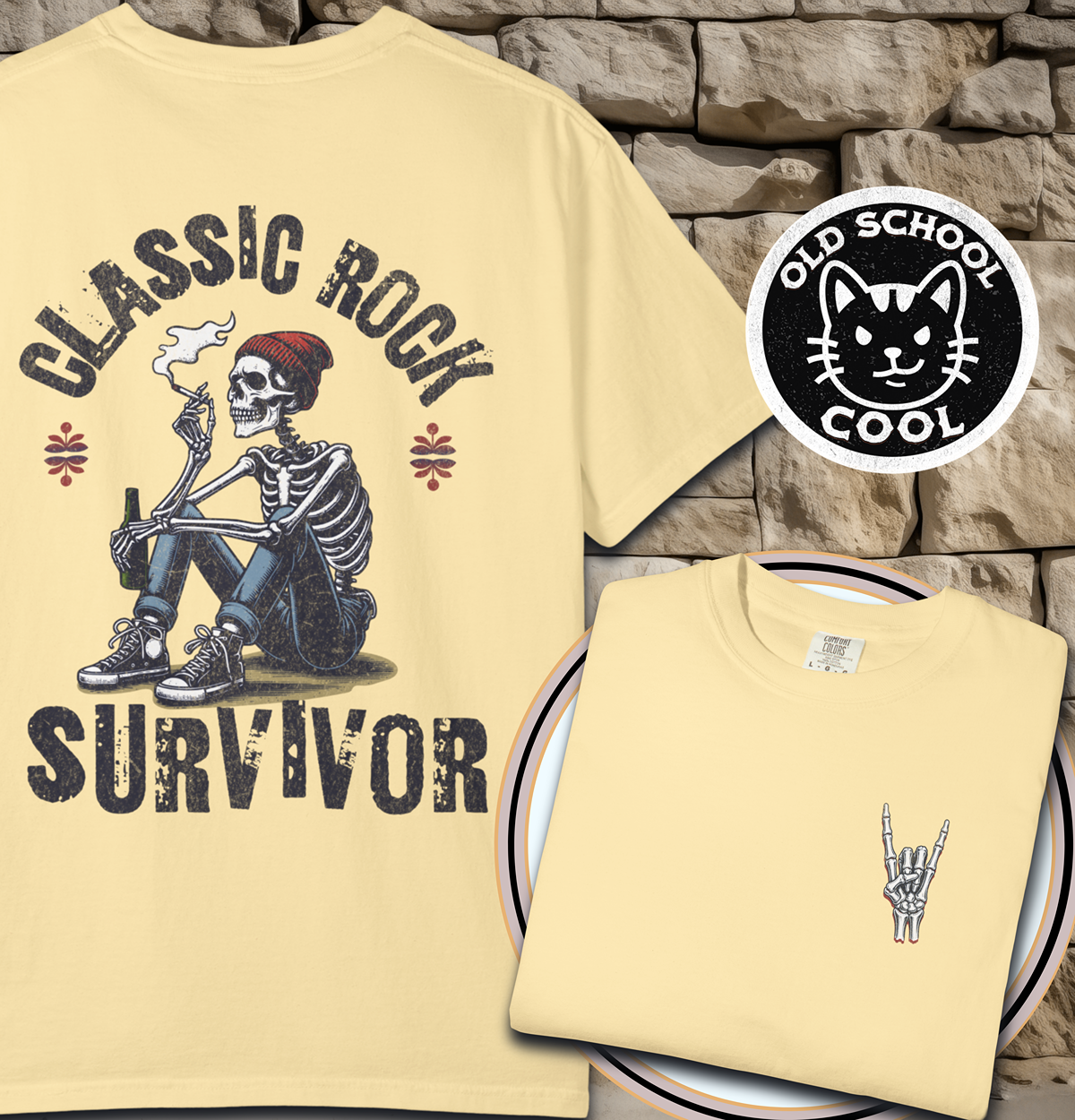 Classic Rock Survivor Skeleton Tee - Full Back + Pocket-style Design