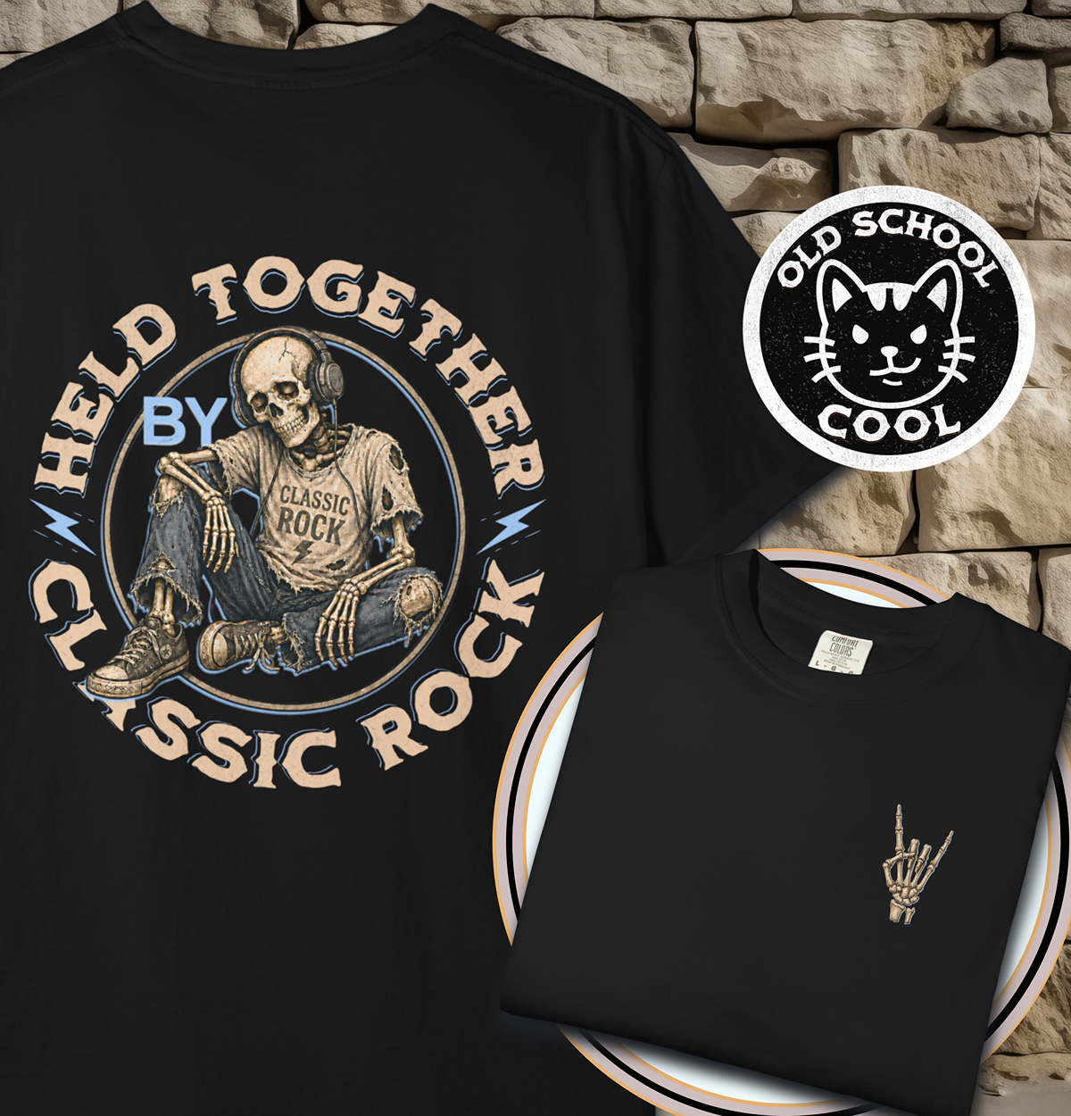 Held Together by Classic Rock Tee - Full Back + Pocket-style Design