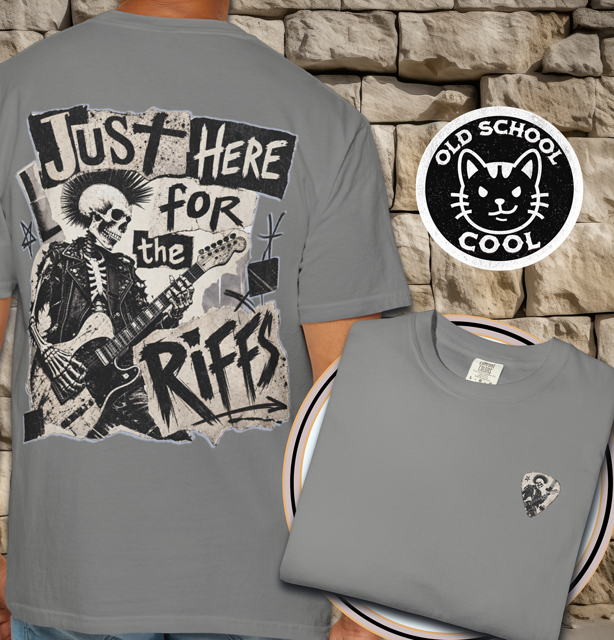 Just Riffs Skeleton Tee - Back + Pocket-style Design