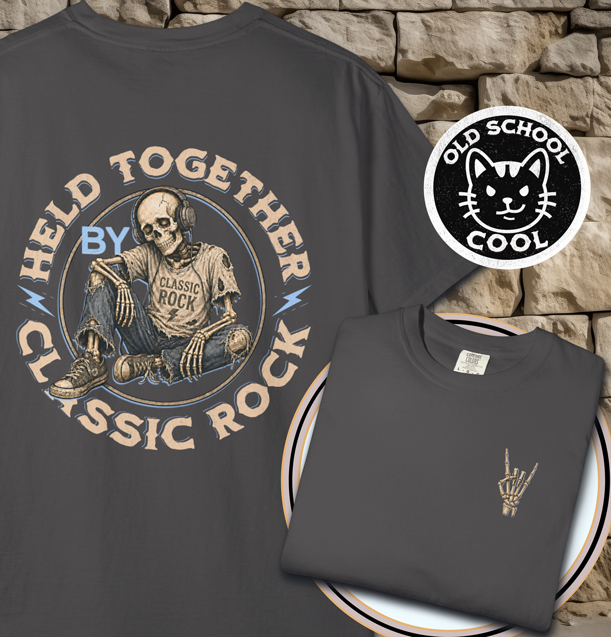 Held Together by Classic Rock Tee - Full Back + Pocket-style Design