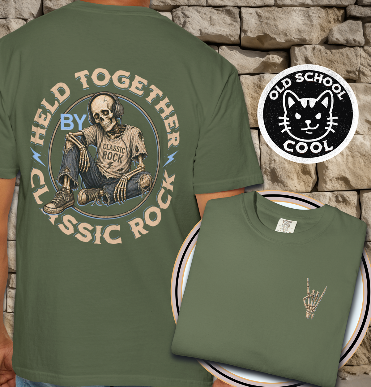 Held Together by Classic Rock Tee - Full Back + Pocket-style Design