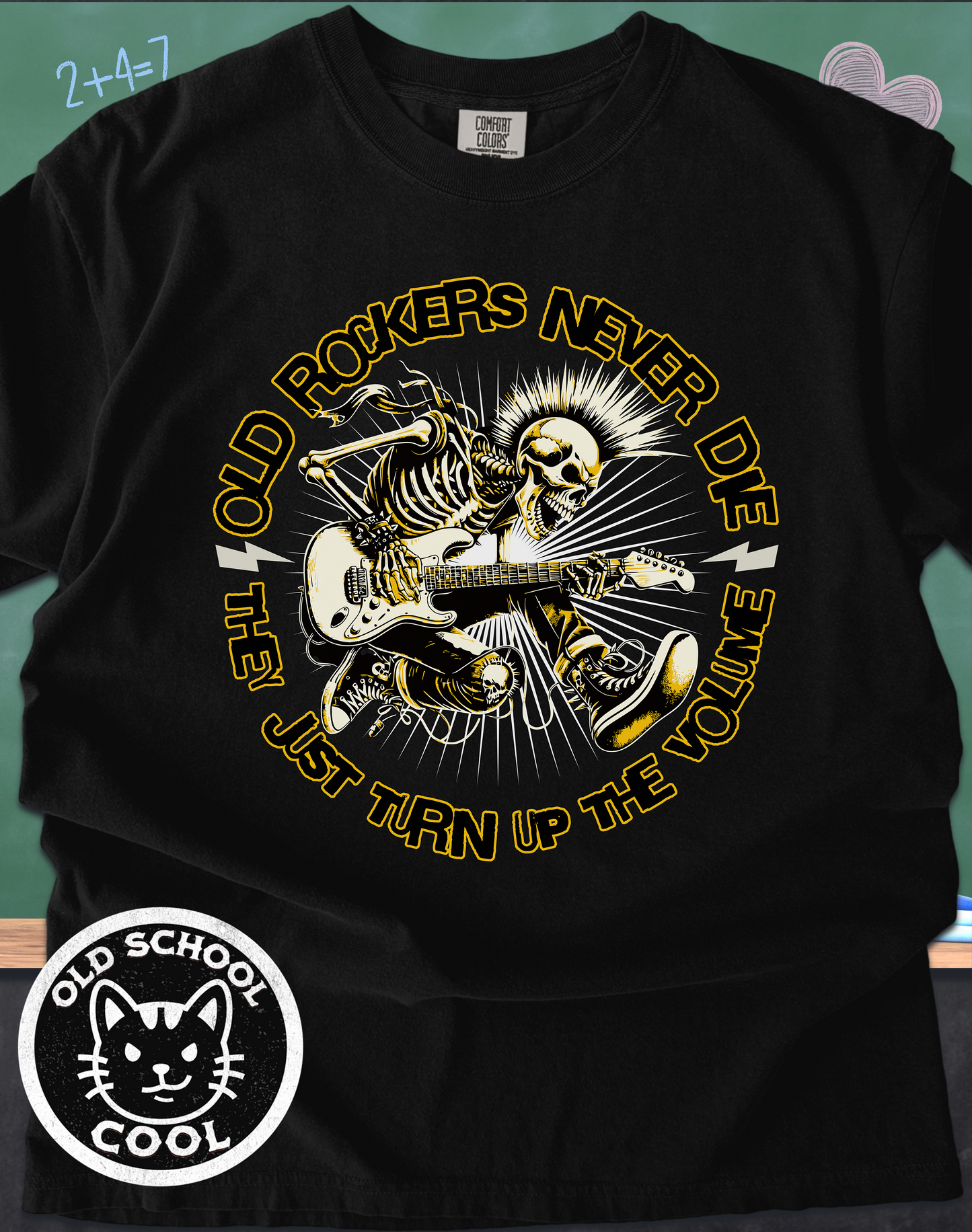 Old Rockers Never Die Skeleton Tee | Front Graphic