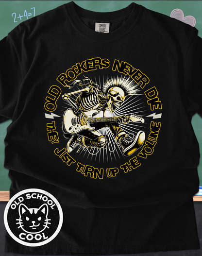 Old Rockers Never Die Skeleton Tee | Front Graphic