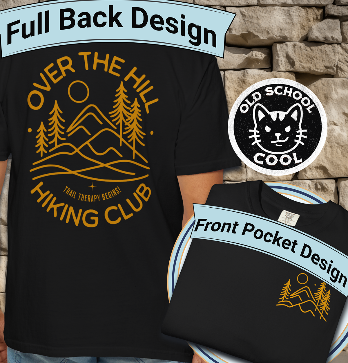 Over the Hill Hiking Club Therapy Tee - Pocket Graphic + Back Design